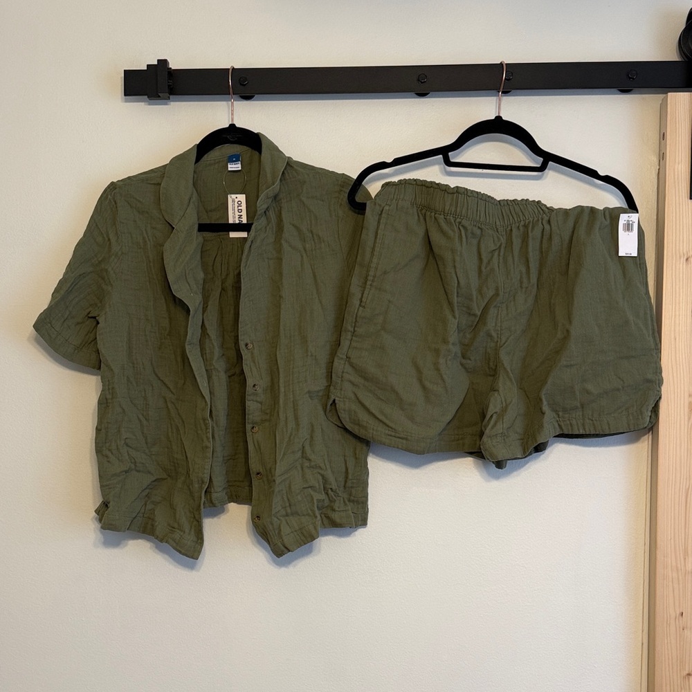 Olive Green Button-Up Shirt and Shorts Set